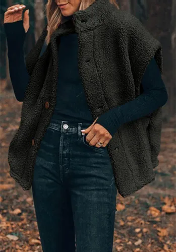 Miniatura 33 de Hongqizo - Chaleco de forro polar mullido para mujer, casual, de gran tamaño, cálido, con botones, chaqueta de sherpa con bolsillos