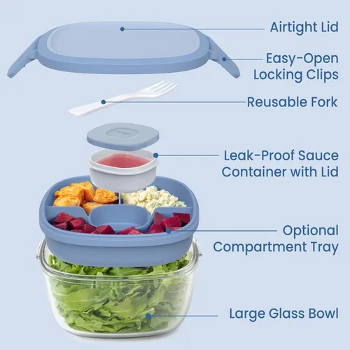Miniatura 5 de Bentgo Recipiente de Ensalada de Vidrio Todo en Uno - Ensaladera Grande de 61 oz con Tapa, Bandeja Estilo Bento de 4 Compartimentos, Recipiente