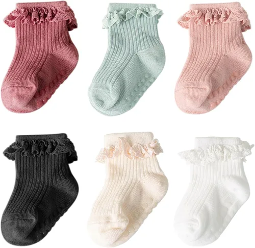 DRESHOW BQUBO Calcetines Antideslizantes para Bebés Niñas Pequeñas - Lindos Calcetines de Tobillo con Volantes y Agarre para Bebés y Niños Pequeños