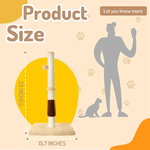 Miniatura 6 de MeowHomm Poste rascador para gatos de 32 pulgadas con cepillo para gatos, cuerda de sisal, poste rascador alto para gatos con bola colgante suave