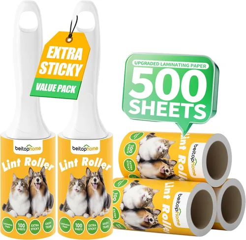 Rodillo quitapelusas extra pegajoso para pelo de mascotas – 500 hojas, 2 asas reforzadas, removedor de pelo de perro y gato para ropa, alfombras,