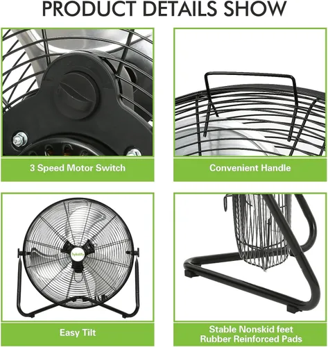 Miniatura 4 de hykolity Ventilador de piso de alta velocidad de 20 pulgadas, ventilador de pared de metal resistente de 4600 CFM con 3 velocidades, ventilador