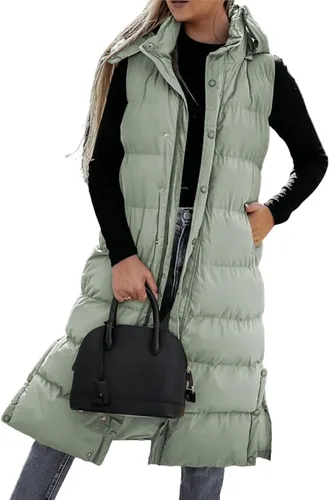 Miniatura 2 de Grlasen Chaleco largo acolchado con capucha para mujer, manga larga, con botones, chaleco acolchado de algodón, abrigo de invierno