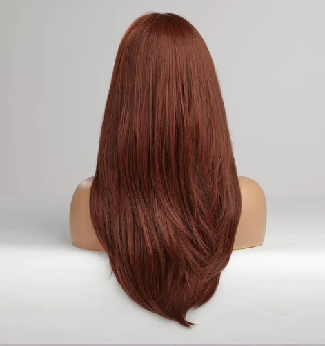 Miniatura 3 de vedar Pelucas rojas caoba con flequillo, pelucas de color rojo cobre para mujer, cabello sintético largo hasta el hombro, peluca completa roja