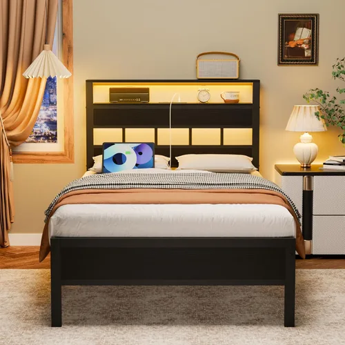 Miniatura 5 de Furnulem Base de cama individual con estación de carga y luces LED, cama de plataforma de tamaño individual con listones de metal, cabecera de Roble
