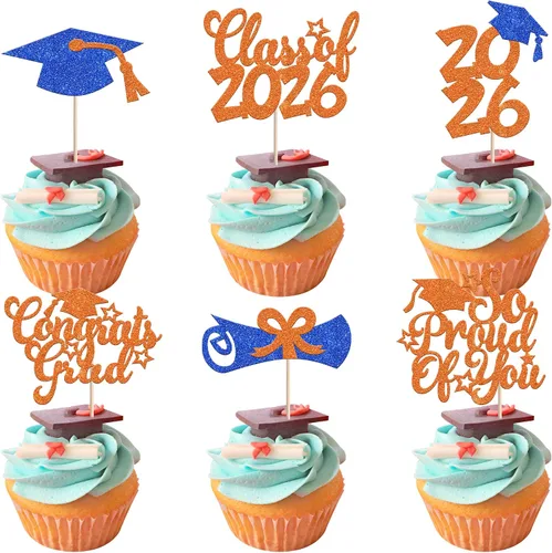 Miniatura 54 de Rsstarxi Paquete de 24 adornos para cupcakes de graduación 2026, con purpurina azul, para la clase de 2026, para diplomas, 24 piezas (6 diseños)