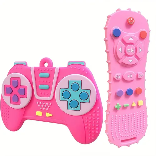 AALFA Juguetes de Dentición para Bebé, Conjunto de Mordedores de Silicona Suave en Forma de Control Remoto de TV + Máquina de Juegos, Juguetes Rosa