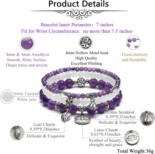 Miniatura 6 de Top Plaza - Juego de pulseras elásticas de piedras de cristal curativo para chakras, yoga, reiki, cuentas de piedras preciosas y cuentas de loto
