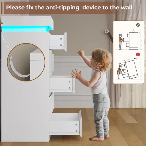 Miniatura 6 de HAUOMS Cómoda alta de 5 cajones con luz LED, cómoda moderna blanca para dormitorio, vestidor de armario con cajones para sala de estar, entrada