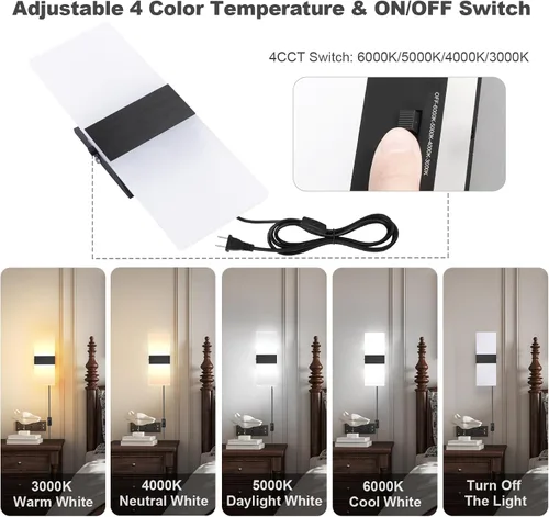 Miniatura 2 de TRLIFE Lámpara de pared LED moderna, ajustable 4 temperaturas de color 12W lámpara de pared moderna enchufe, luz de pared acrílica montada