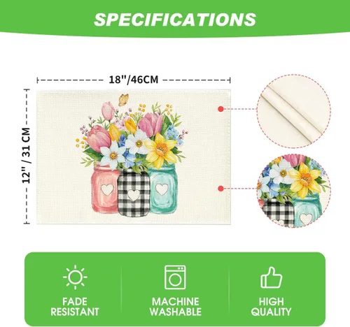 Miniatura 6 de Artoid Mode Juego de 4 manteles individuales de primavera con diseño de flores silvestres y mariposas, 12 x 18 pulgadas, para decoración de fiestas