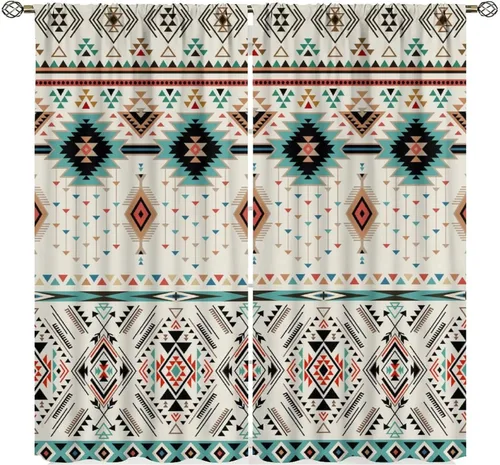 Miniatura 14 de Cortinas aztecas, patrón étnico tribal nativo del suroeste, estilo bohemio occidental, geométrico, tratamientos de ventana para sala de estar, juego