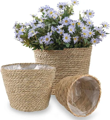 Miniatura 8 de FOMIYES Maceta de paja tejida para decoración del hogar, macetas de hierba marina, cesta de jardín para plantas de jardín, jarrón de ratán