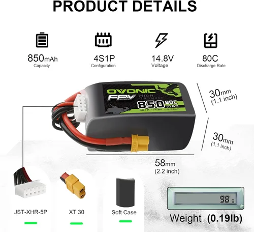 Miniatura 2 de OVONIC 80C 4S 850mAh Lipo Batería 14.8V con XT30 Plug para Cinewhoops 2pcs