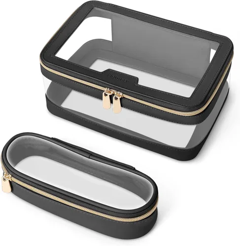 Soimeat Bolsa de Maquillaje de Viaje Transparente con Bolsa para Pinceles de Maquillaje, Estuche de Maquillaje de Cuero, Bolsa de Cosméticos