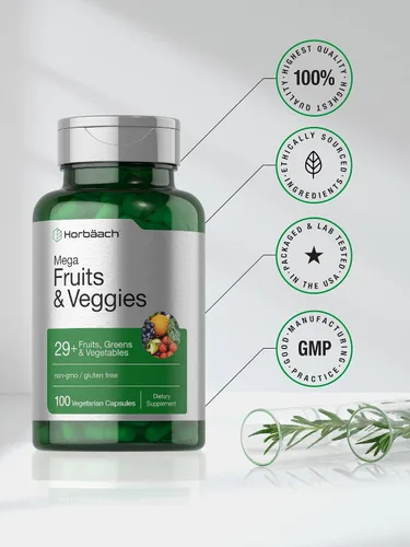 Miniatura 6 de Horbäach Suplemento Mega frutas y verduras 100 cápsulas Vegetariano, sin OMG y sin gluten
