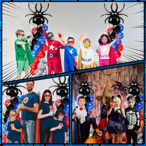 Miniatura 7 de Kasyat Juego de 2 soportes de columna de globos para fiesta de arañas con 2 arañas y 100 globos de látex rojos, azules y negros, soportes de arco