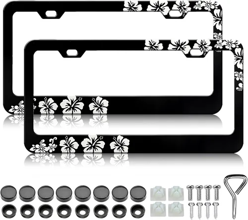 Miniatura 12 de LIN KANG Marcos de matrícula de flores de hibisco blanco, paquete de 2 marcos de matrícula de aluminio para mujer, accesorios universales de Flor