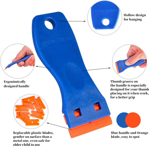 Miniatura 2 de Raspador de cuchilla plástico para retirar pegante, adhesivos, calcomanías, pintura del automóvil, ventanas y vidrio, paquete de 2 raspadores y 120