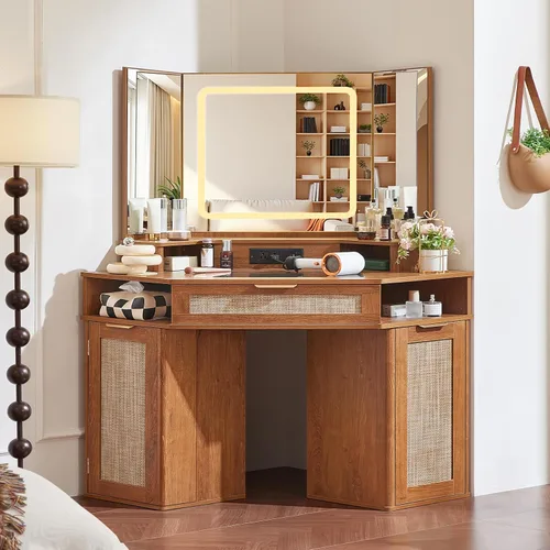 Miniatura 9 de Lerliuo Tocador Esquinero con Espejo de 3 Vías y Luces, Tocador de Maquillaje de Ratán de 46'' con Cajón Superior de Cristal, Gabinetes de Madera