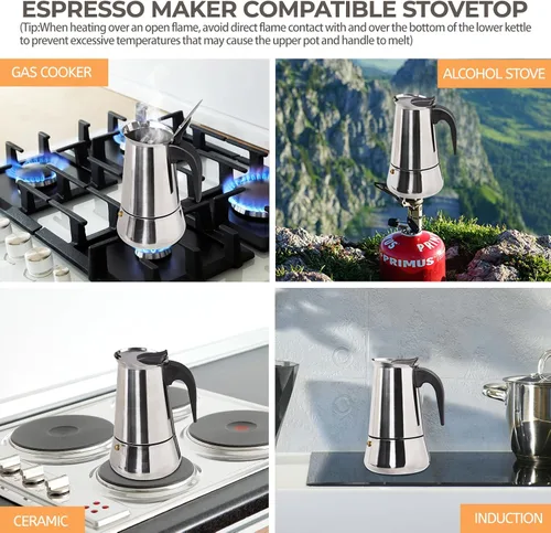 Miniatura 5 de Cafetera Moka de acero inoxidable, 9 tazas de 450ml (15.2 fl oz), cafetera de café expreso para estufa, cafetera estilo clásico italiano, Greca