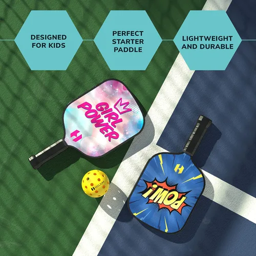 Miniatura 5 de Helium Paleta de pickleball para niños, (2 unidades, POW! y Girl Power), tamaño infantil, núcleo de panal ligero, cara de golpe de grafito, agarre