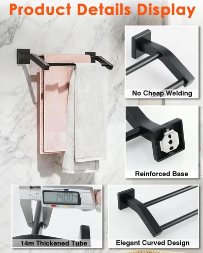 Miniatura 8 de Alise Toallero doble de baño, toallero para baño, lavabo de baño, acero inoxidable SUS304 de 24 pulgadas, soporte de pared, color negro mate