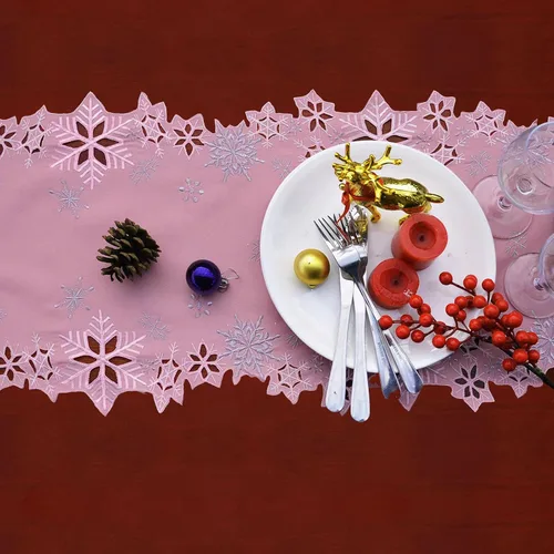 Miniatura 7 de Caminos de mesa bordados de copos de nieve rosados para Navidad e invierno (rosa, 14 x 34 pulgadas)