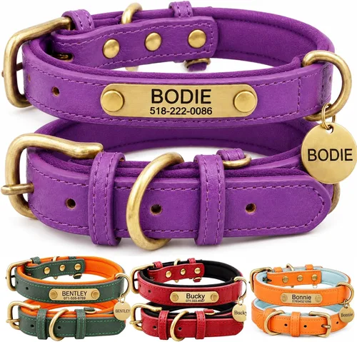 Miniatura 9 de Collar de cuero para perro personalizado y juego de correa, personalizado con diseño acolchado suave y resistente con placa de nombre grabada