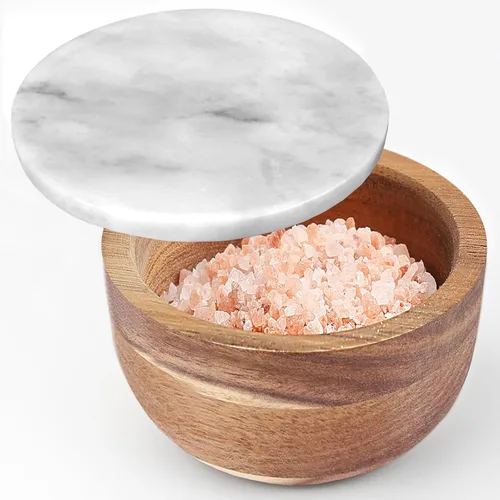 Miniatura 9 de Jalz Jalz Salero de sal con cuchara, base de mármol negro, tapa de acacia natural, cajas decorativas, recipiente para condimentos, diseño elegante