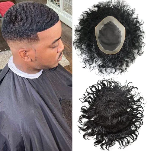 Miniatura 10 de Afro - Tupé para hombre, duradero, base fina, mono, rizado, cabello ondulado africano, piezas para hombres negros, mono encaje de poliuretano