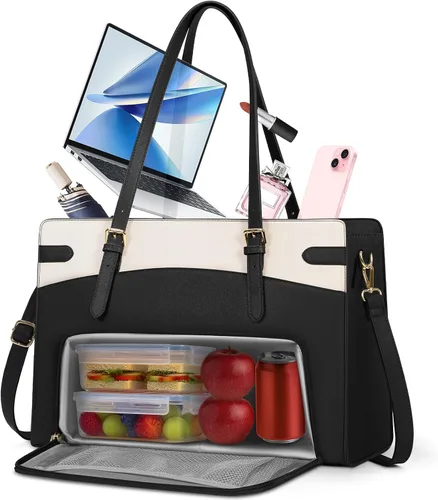 RAINSMORE Bolsa para portátil 2 en 1 con compartimento de almuerzo aislado para mujeres, bolsa de trabajo de piel sintética de 15.6 pulgadas para