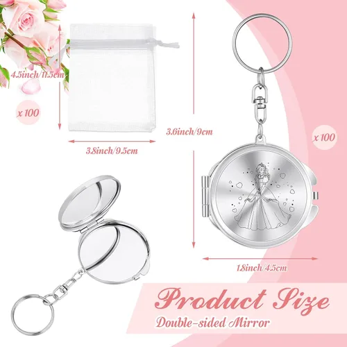 Miniatura 2 de Nosiny 100 juegos de recuerdos de fiesta de quinceañera para invitados, llavero compacto plateado con bolsa de organza blanca, regalo de cumpleaños