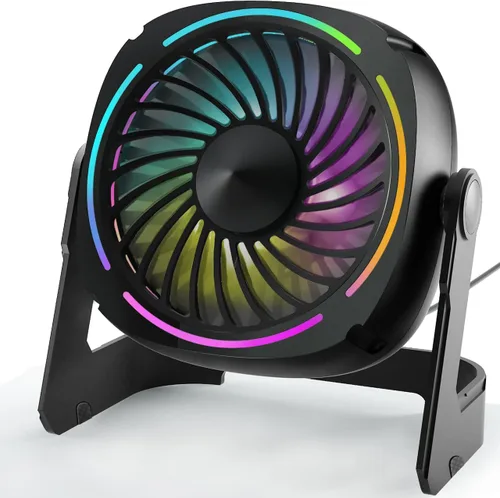 Pequeño ventilador de escritorio USB – Ventilador de mesa portátil de 5.3 pulgadas con 3 niveles de flujo de aire, 8 luces LED de color, rotación de