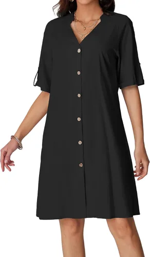 Miniatura 3 de Rooscier Vestido midi casual acampanado de manga corta con botones y cuello en V para mujer