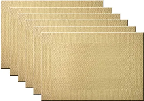 Juego de 6 manteles individuales de plástico lavables para mesa de cocina, resistentes al calor, de vinilo tejido, para exteriores, 12 x 18 Dorado