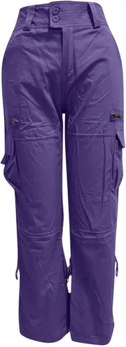 Miniatura 2 de EOPUING Pantalones cargo para mujer, de cintura alta, pierna ancha, pantalones lisos de otoño con bolsillos