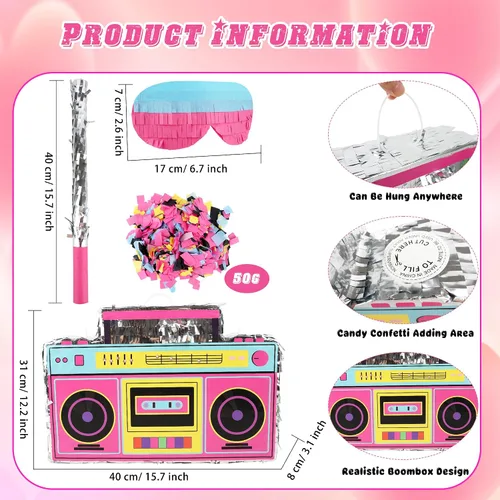Miniatura 2 de El juego de radio Boombox de los años 80 y 90 incluye boombox para piñata y palo de murciélago, confeti de colores para adultos y niños, 80 y 90