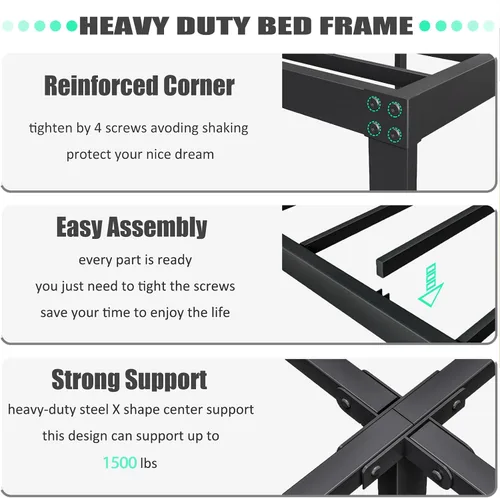 Miniatura 3 de ZIYOO Base de cama de metal de tamaño matrimonial con cabecera de madera maciza, plataforma de cama de estilo rústico, soporte de listones de acero