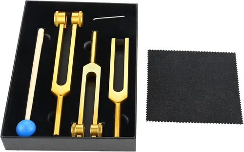 Miniatura 15 de Juego de diapasones 128Hz, 256Hz, 512Hz, instrumentos de sonido, diapasones Chakra con martillo, bolsa de almacenamiento y paño de limpieza, dorado