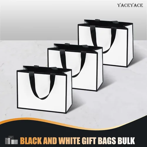 Miniatura 6 de Pequeñas bolsas de regalo blancas y negras a granel, 10 piezas de 8"x3.75"x6" bolsas de papel blanco y negro con asa de cinta, mini bolsas de regalo