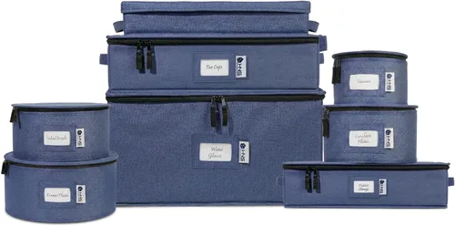 Miniatura 9 de Juego de 8 cajas de almacenamiento de China para vajilla, vasos, platos, tazas y platillos, organizador de platos resistente con divisores para Beige