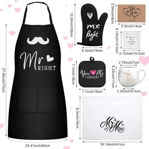 Miniatura 2 de Mepase Juego de 10 delantales de regalo para pareja, despedida de soltera, boda, compromiso, delantal, tapete aislante, taza, guantes, plato