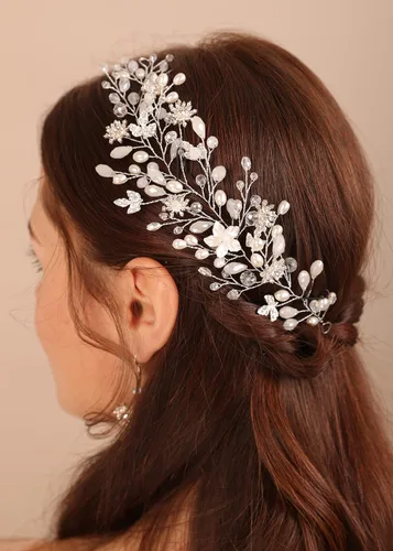 Nupcial plata flor hojas pelo vid perlas perlas perlas cristal tocado plata boda accesorios para el pelo para mujeres nupciales y niñas