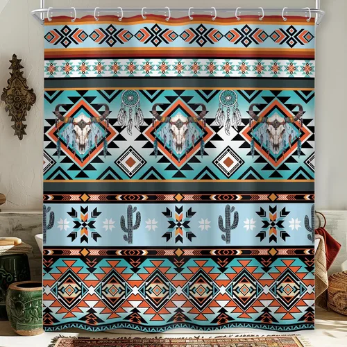Miniatura 20 de Newsely Cortina de Ducha Pequeña para Caseta RV Occidental Azteca de Cactus 36Wx72H Pulgadas Campista Suroeste Boho Geométrica Étnica Cortina