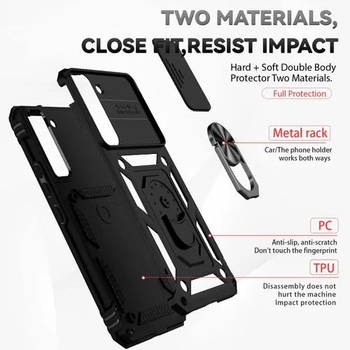 Miniatura 8 de Funda para Samsung Galaxy S22 Plus con cubierta para lente de cámara, protector de pantalla HD, soporte magnético con anilla de grado militar, Negro