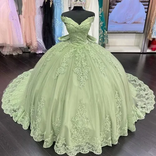 Miniatura 2 de PFTFB Vestidos de quinceañera con hombros descubiertos para mujer, vestidos de tul hinchados con tren, encaje y cuentas, vestido largo de baile