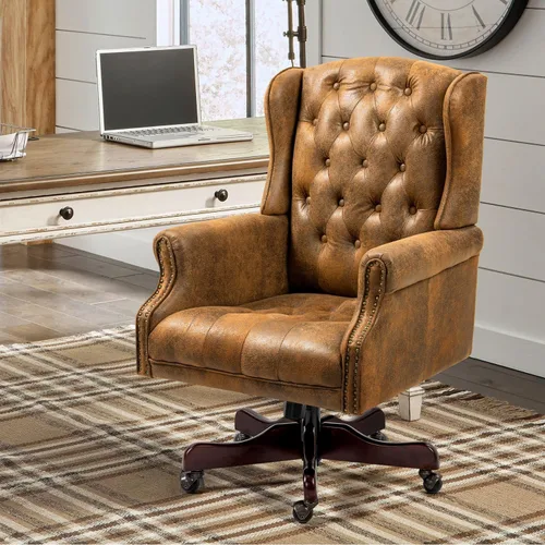 Miniatura 9 de ECOTOUGE Silla de escritorio ejecutiva mejorada 2026, silla de oficina en casa con respaldo de alas de cuero con ribete de cabeza de clavos y Negro
