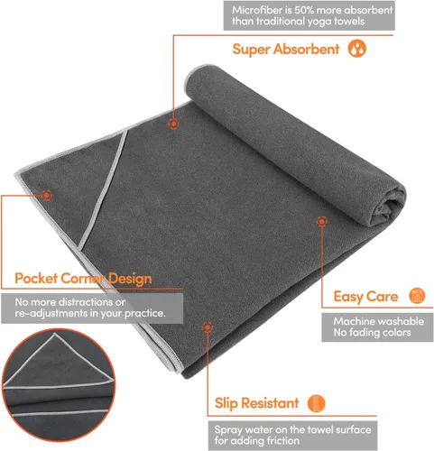 Miniatura 2 de IUGA Toalla de yoga para yoga caliente, antideslizante, toalla de esterilla de yoga extra gruesa + toalla de mano 2 en 1 con bolsillos en las Gris