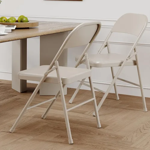 Miniatura 5 de Juego de 2 sillas plegables beige, sillas de metal apilables resistentes con almohadillas antideslizantes